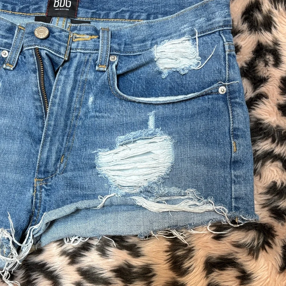 BDG Light Blue Ripped Distressed Essential Mid-Rise Jean Shorts - Picture 3 of 6